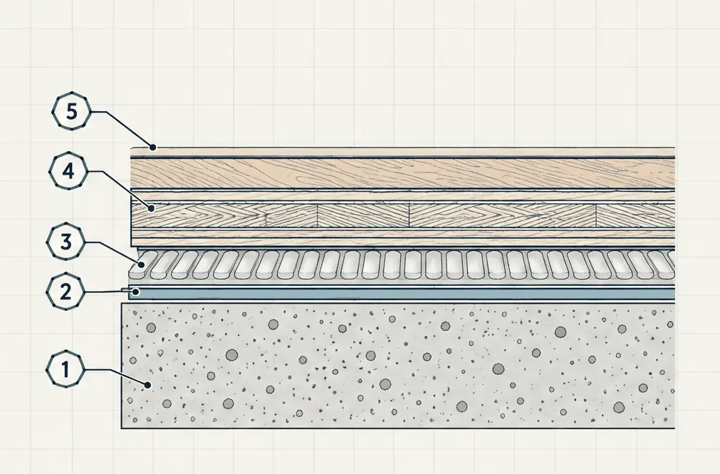 Diagram: cross-section of an engineered hardwood plank glued with a moisture barrier to a concrete slab, showing the wear layer, plywood core and adhesive