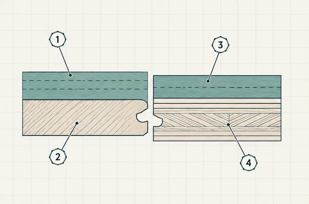 Diagram: cross-section of an engineered plank showing a thick wear layer of white oak over a plywood core and a balancing backer layer